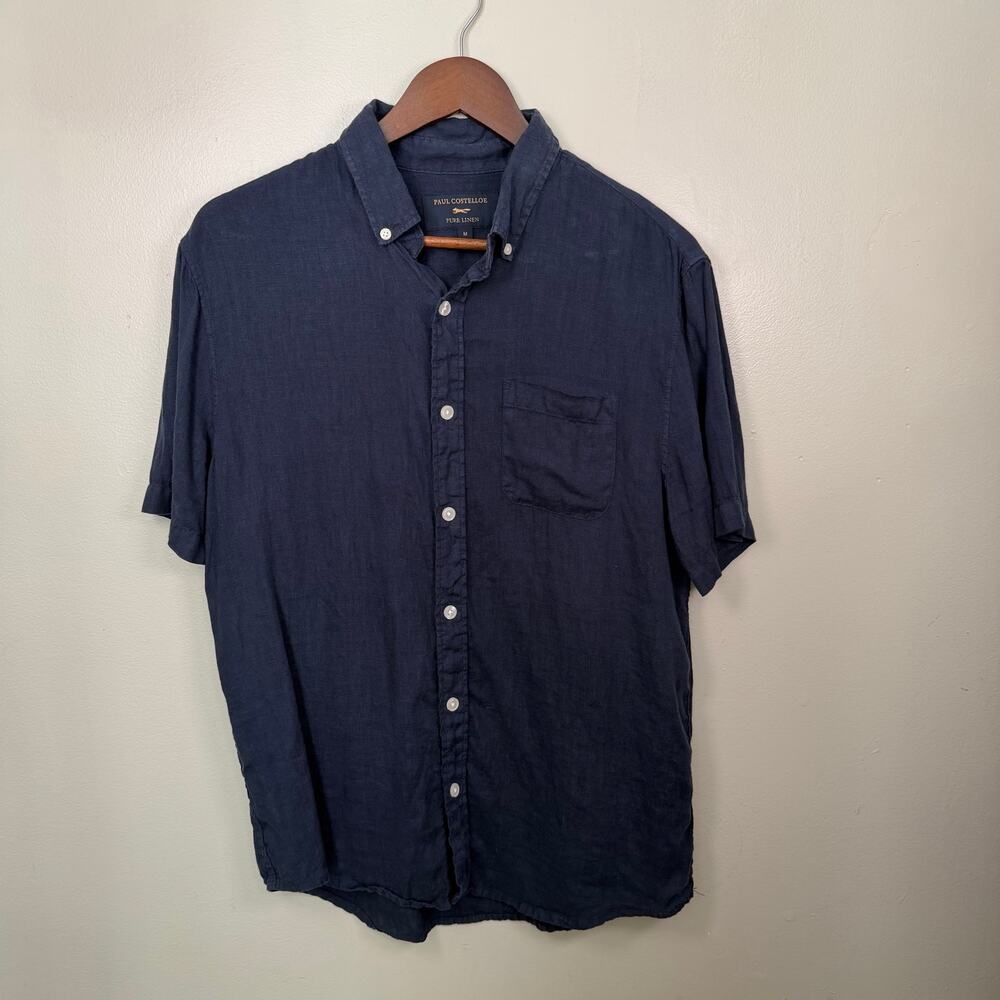 Paul Costelloe Men’s M Pure Linen Button Up Shirt Blue Short Sleeve Coastal